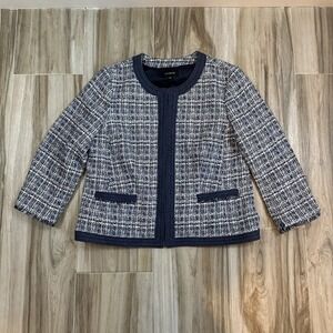 Talbots Jacket  Blue Woven Suit Contrast Trim 16 Frayed Cuffs Pockets Hook & Eye